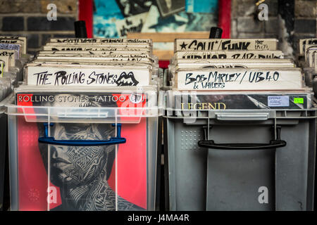 A vinyl record stall at Camden Market in NW1, London, UK Stock Photo