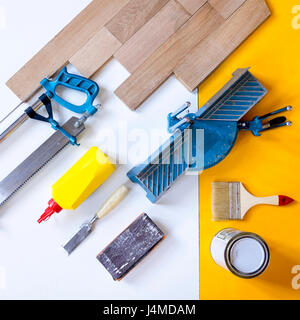 Wooden boards with paint and tools Stock Photo