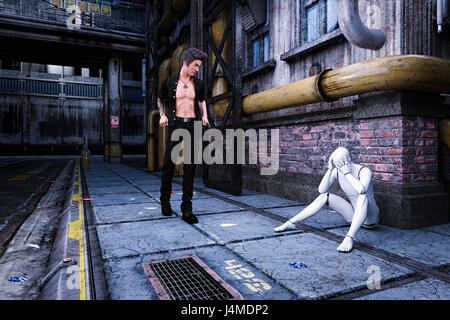Man looking at sad robot sitting on sidewalk in futuristic city Stock Photo