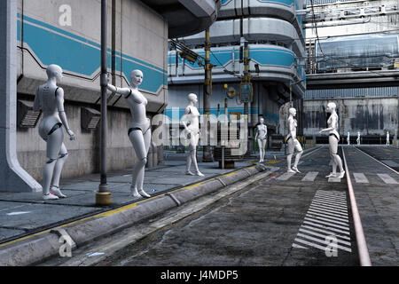 Women robots in futuristic city Stock Photo