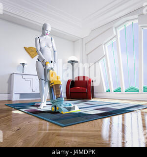 Woman robot vacuuming rug Stock Photo