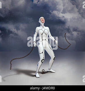 Woman robot breaking free from shackles Stock Photo