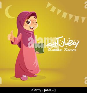 Young Happy Muslim Girl Holding Quran Book with Thumb Up Stock Vector