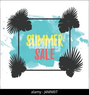 Summer sale Poster template with palm leaves Vector illustration Colorful inscription Summer sale in a black frame with different palm leaves on a whi Stock Vector