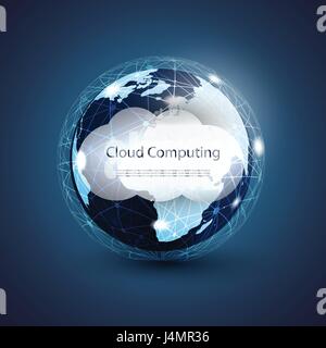 Blue Abstract Global Networks Concept Design with Earth Globe, Worldwide Networks and Transparent Cloud in the Center - Cloud Computing Design Stock Vector