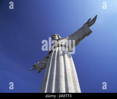 Portugal, Lisbon, Christus-Statue, detail Europe, Südwesteuropa, Lisboa, town, capital, city, landmark, place of interest, statue, Cristo Rei, establishes in 1959, Votivmal, preservation of Portugal during the 2nd world war, 28 m high, sculpture, monument, monument, heaven blue, from below, perspective Stock Photo