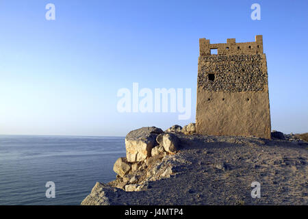 Oman, Musandam, Al-Khasab, coast, watch-tower Arabian peninsula, the Middle East, sultanate Oman, Musandam peninsula, Haja mountains, mountains, coastal scenery, tower, observation tower, destination, culture, art, place of interest, tourism Stock Photo