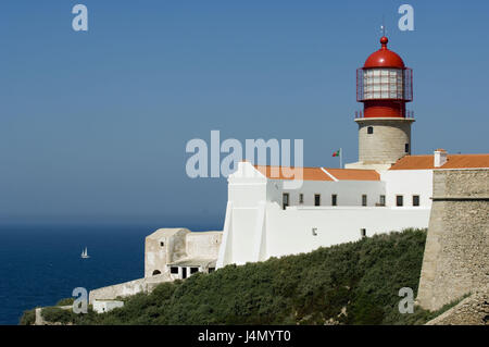 Sea, steep coast, lighthouse, Cabo de Sao Vicente, Algarve, Portugal, Stock Photo