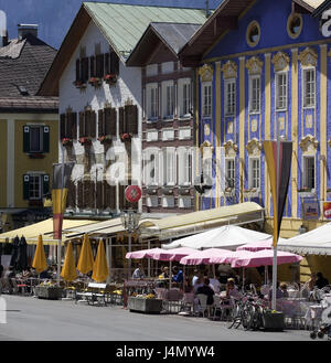 Austria, salt chamber property, lunar lake, pedestrian area, street cafes, tourists, lunar lake country, place, houses, residential houses, terrace, facades, of different colour, cafes, bars, people, destination, tourism, tourist resort, Stock Photo