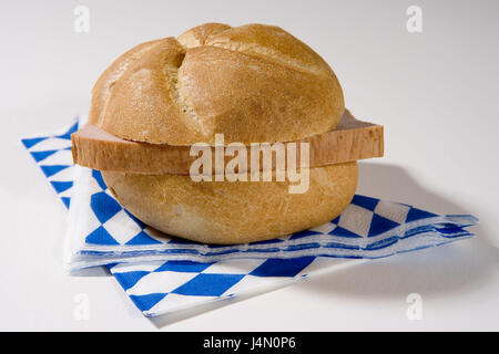 Bread roll, meat cheese, bun, books, liver-cheese, slice, snack, intermeal, snack, vespers, break, lunch, snack, in Bavarian, Food, studio, napkins, liver cheese bun, Stock Photo