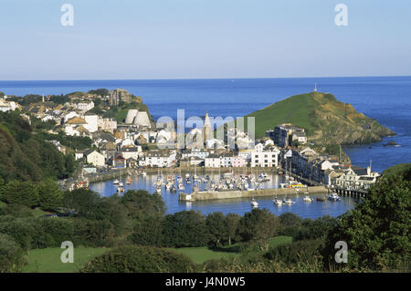 Great Britain, England, Devon, Ilfracombe, local overview, harbour, coast, place, houses, residential houses, church, harbour basin, fishing harbour, boats, fishing boats, destination, tourism, vacation, Stock Photo