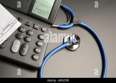 Stethoscope, electronic calculator, bank statement, detail, account, credit balance, amount, debts, deficit, is to blame, calculation, exactly, check, calculate, money, medicine, expensive, expenses, disease expenses, object photography, studio, Stock Photo