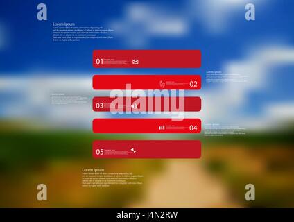 Illustration infographic template with motif of rectangle horizontally divided to five standalone red sections with simple sign, number and sample tex Stock Vector