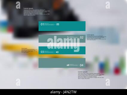 Illustration infographic template with motif of rectangle horizontally divided to four standalone green sections with simple sign, number and sample t Stock Vector
