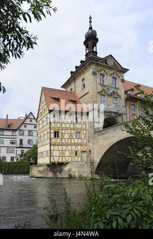 Germany, Bavaria, Franconia, Bamberg, old city hall, Regnitz, Stock Photo