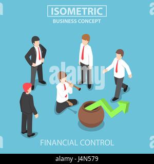 Flat 3d isometric businessman playing the flute to control stock market graph, business and financial management concept Stock Vector