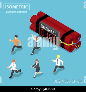 Flat 3d isometric businessman run away from business timer bomb, business crisis and deadline concept Stock Vector