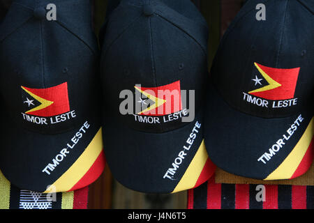 Democratic republic of Timor-Leste, Dili, market, souvenir sales, sign caps, Stock Photo