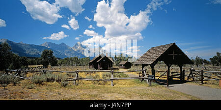 The USA, Wyoming, Grand Teton Nationwide park, Chapel of trans-figuration, North America, mountain landscape, mountains, nature, band, fence, place of interest, destination, tourism, Stock Photo