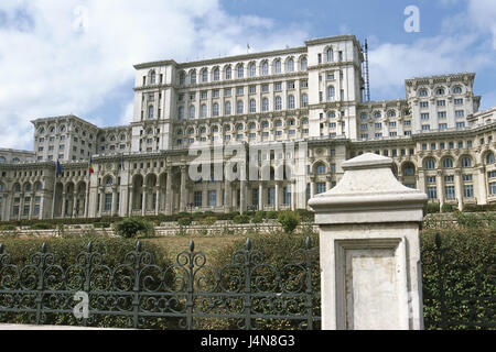 Romania, Bucharest, government palace, town, capital, Bucuresti, building, structure, incredibly, largely, imposingly, government, power, politics, landmark, place of interest, story, seat of government, Palatul Parlamentului, Ceausescu palace, palace, facade, Stock Photo