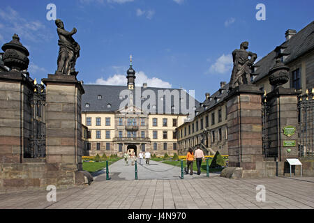 Germany, Hessen, Fulda, town lock, main entrance, tourist, lock, castle grounds, building, outside, main portal, input, architecture, architectural style, baroque, person, place of interest, statues, tourism, Stock Photo