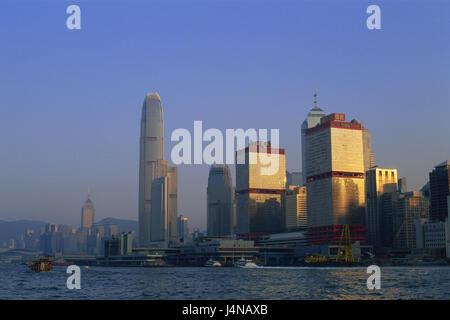 China, Hong Kong, Hong Kong Iceland, Sheung Wan, skyline, Victoria Harbour, sea, dusk, Asia, town, city, cosmopolitan city, metropolis, town view, skyscraper, high rises, buildings, architecture, Central-District, part of town, evening light, Stock Photo