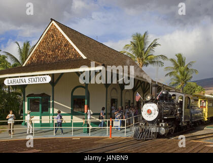 The USA, Hawaii, Maui Iceland, Lahaina, railway station, Sugar Cane Train, the Hawaiian Islands, destination, town, trajectory, train, steam engine, rail transport, stop, person, tourist, palms, cloudies, outside, building, architecture, station building, Stock Photo