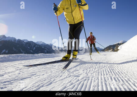 Austria, Tyrol, Fiss, couple, cross-country, cross-country trail, winter scenery, panorama Stock Photo