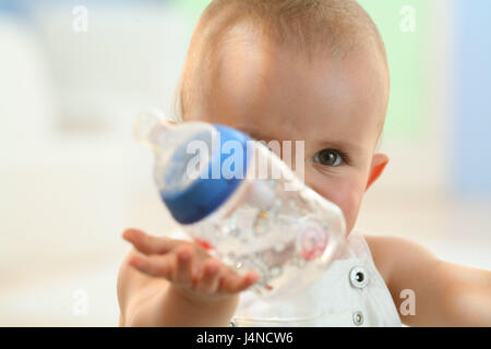 Baby, 8 months, bottles, hand, portrait, curled, Stock Photo