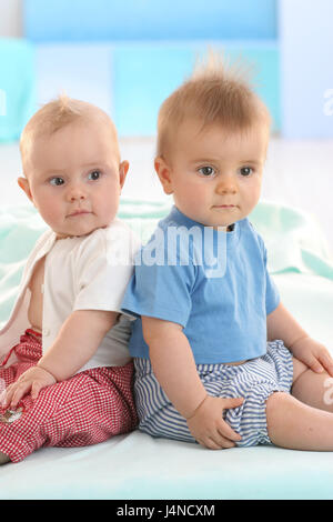 Babies, 8 months, twins, sit, portrait, Stock Photo