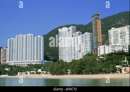 China, Hong Kong, Hong Kong Iceland, Repulse Bay, sea, Asia, town, city, cosmopolitan city, metropolis, coast, scenery, coastal scenery, bay, mountains, hills, beach, sandy beach, beach, houses, high rises, residential blocks, Stock Photo