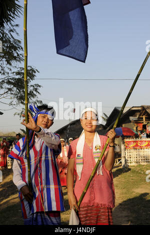 Young person, tribe Kayan, ceremony, flags, close Pyay, Myanmar, Stock Photo