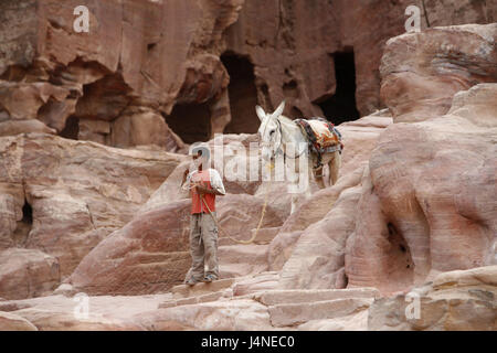 The Middle East, Jordan, Petra, rock architecture, child, donkey, Stock Photo