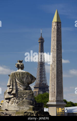 France, Paris, Place de la Concorde, statue, obelisk, Eiffel Tower, Stock Photo