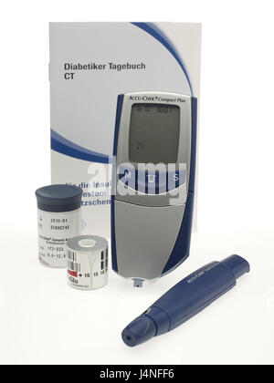 Diabetes, blood glucose measuring instrument, Stechhilfe, test film, diary, no property release, blood glucose measurement, diabetes, measuring instrument, Glucometer, blood test, blood glucose values, blood sugar levels, blood glucose, blood glucose test, diabetes test, test film, blood glucose regulation, examination, control, checking, blood glucose self-control, medicine, disease, accessories, health, medically, analysis, studio, Frei's plate, Stock Photo