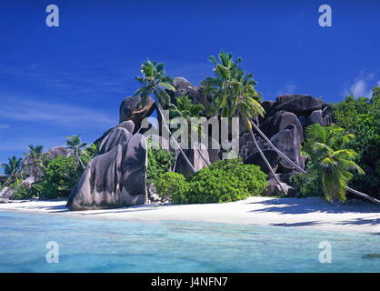 The Seychelles, La Digue, beach, Anse Cocos, rock, palms, island state, island, coast, granite rock, nobody, water, clearly, blue, turquoise, rest, silence, loneliness, destination, vacation, holiday paradise, dream beach, dream vacation, island paradise, dream island, Stock Photo