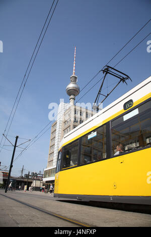 Germany, Berlin, Alexander's square, house facade, television tower, streetcar, detail, Stock Photo