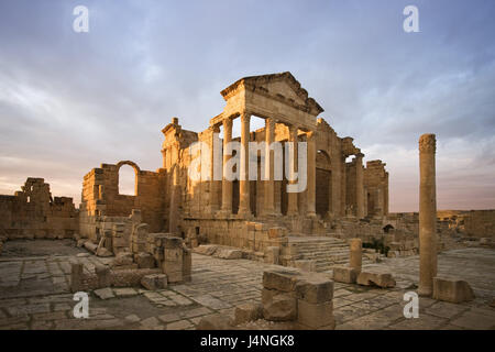 Tunisia, Sbeitla, forum, ruins, pillars, North Africa, Sufetula, temple, structure, ruin site, temple ruin, Roman, shrine, place of interest, destination, antique, archeology, remains, architecture, culture, story, Jupiter temple, Stock Photo