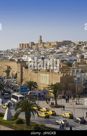 Tunisia, Sousse, Old Town, Kasba, overview, North Africa, town, port, kasbah, Medina, UNESCO-world cultural heritage, town overview, travel, vacation, tourism, street, traffic, place of interest, fortress, Stock Photo