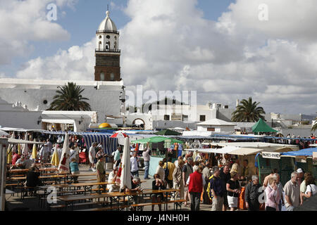 Spain, Lanzarote, Teguise, Iglesia Nuestra Senora de Guadalupe, detail, steeple, Sunday market, Stock Photo