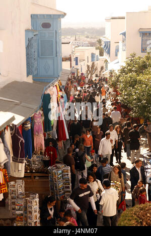 Tunisia, Sidi Bou Said, Old Town, Souk, passer-by, overview, Stock Photo