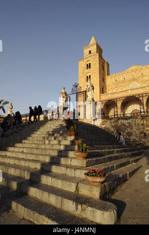 Italy, island Sicily, Cefalu, Piazza Duomo, cathedral, stairs, tourist, flowers, Stock Photo