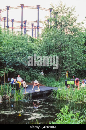 Camley Street Natural Park with gasometer, visitors pond dipping in the summer, London Wildlife Trust, Camden, London, United Kingdom Stock Photo