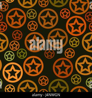 vector seamless pattern - orange and green stars in circles on dark green background Stock Vector