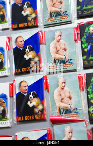 Souvenirs in St Petersburg depicting Russian President Vladimir Putin, with the texts 'All Goes Well' and 'The Strongest, the Most Powerful' Stock Photo