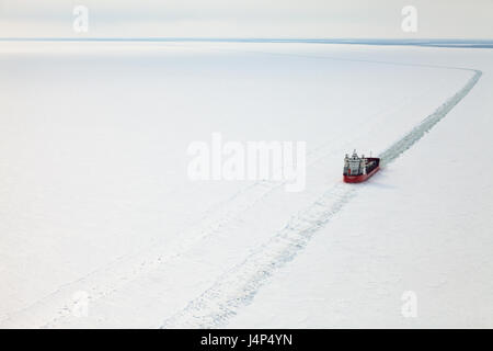 Icebreaker on Yenisei river, top view Stock Photo