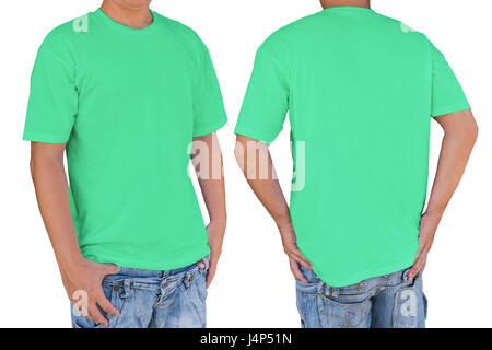 Man wearing blank Shamrock green t-shirt with clipping path, front and back view. Template for insert logo, pattern, or artwork. Stock Photo