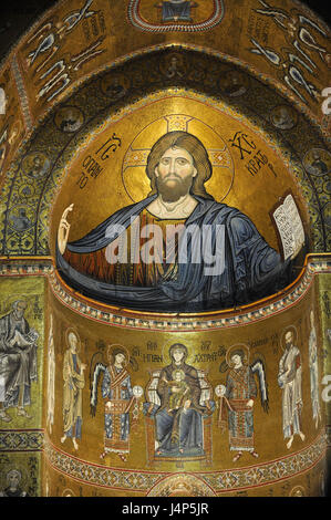 Italy, island Sicily, Monreale, Duomo S. Maria La Nuova, interior shot, mosaic, Christ Pantocrator, detail, Stock Photo