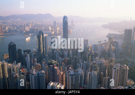 China, Hong Kong, Victoria Peak, view, town overview, Victoria Harbour, Asia, town, city, cosmopolitan city, metropolis, travel, mountain, destination, place of interest, view, skyline, harbour, overview, Stock Photo