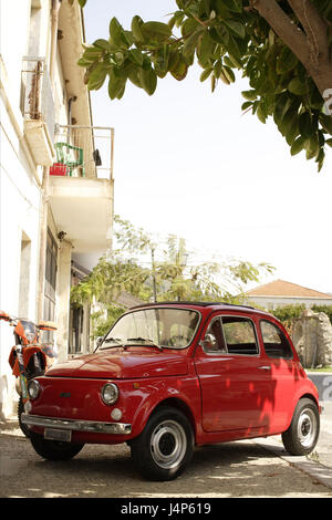 Italy, Calabria, lane, Fiat 500, red, Süditalien, house facade, parking lot, vehicle, car, passenger car, compact car, typically, typically for country, Stock Photo